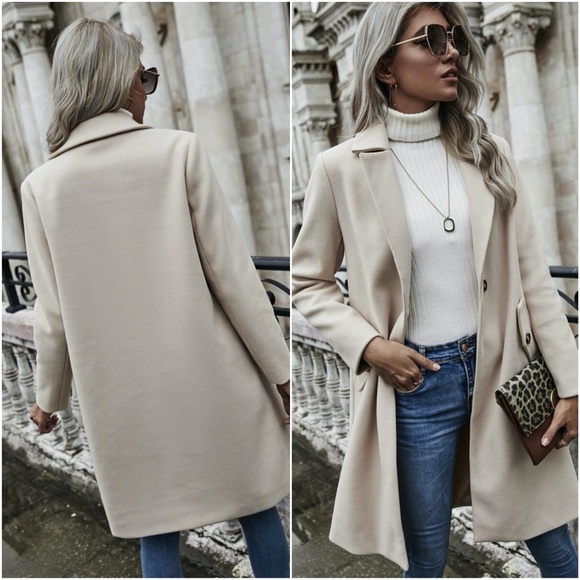 CREAM beige mid length trench pea coat jacket fall - Picture 3 of 3